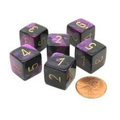 Dice-Gemini 15mm 6-Sided D6 Numbered Chessex Dice, 6 Pieces - Black-Purple with Gold - Your Source for Gaming Essentials