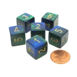 Dice-Gemini 15mm 6-Sided D6 Numbered Chessex Dice, 6 Pieces - Blue-Green with Gold - Your Source for Gaming Essentials