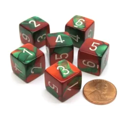 Dice-Gemini 15mm 6-Sided D6 Numbered Chessex Dice, 6 Pieces - Green-Red with White - Your Source for Gaming Essentials