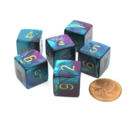 Dice-Gemini 15mm 6-Sided D6 Numbered Chessex Dice, 6 Pieces - Purple-Teal with Gold - Your Source for Gaming Essentials