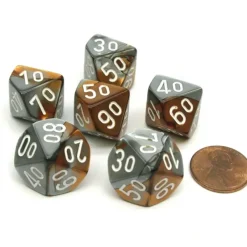 Dice-Gemini 16mm Tens D10 (00-90) Chessex Dice, 6 Pieces - Copper-Steel with White - Your Source for Gaming Essentials