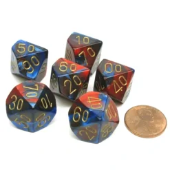 Dice-Gemini 16mm Tens D10 (00-90) Chessex Dice, 6 Pieces - Blue-Red with Gold Numbers - Your Source for Gaming Essentials