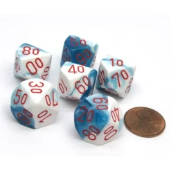 Dice-Gemini 16mm Tens D10 (00-90) Chessex Dice, 6 Pieces - Astral Blue-White with Red - Your Source for Gaming Essentials