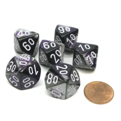 Dice-Gemini 16mm Tens D10 (00-90) Chessex Dice, 6 Pieces - Purple-Steel with White - Your Source for Gaming Essentials