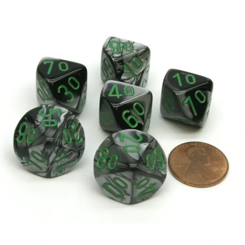 Dice>Gemini 16mm Tens D10 (00-90) Dice, 6 Pieces - Black-Grey with Green Numbers - Your Source for Gaming Essentials