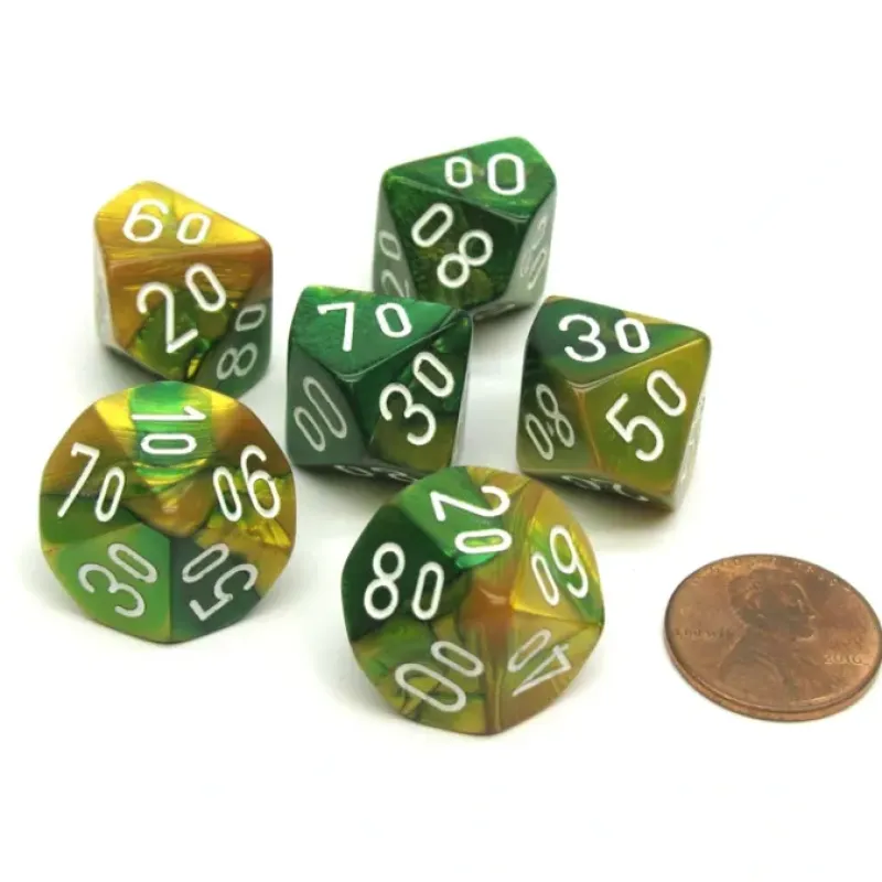 Dice>Gemini 16mm Tens D10 (00-90) Dice, 6 Pieces - Gold-Green with White Numbers - Your Source for Gaming Essentials