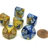 Dice>Gemini 16mm Tens D10 (00-90) Dice, 6 Pieces - Blue-Gold with White Numbers - Your Source for Gaming Essentials