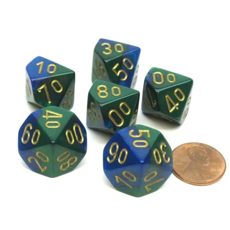 Dice>Gemini 16mm Tens D10 (00-90) Dice, 6 Pieces - Blue-Green with Gold Numbers - Your Source for Gaming Essentials