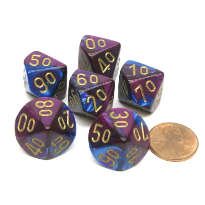 Dice>Gemini 16mm Tens D10 (00-90) Dice, 6 Pieces - Blue-Purple with Gold Numbers - Your Source for Gaming Essentials