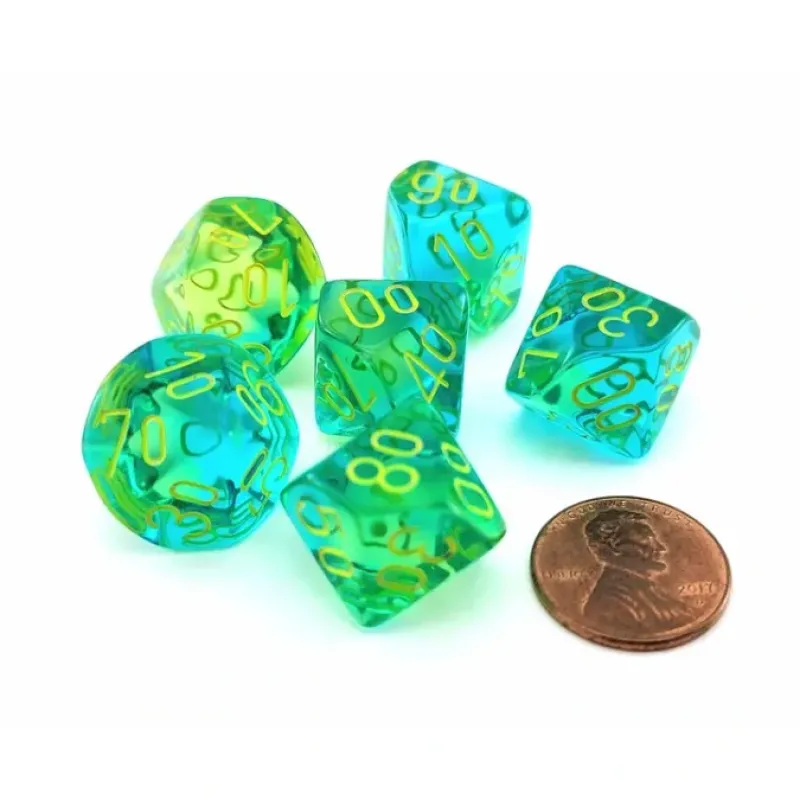 Dice>Gemini 16mm Tens D10 Dice, 6 Pieces - Translucent Green-Teal with Yellow - Your Source for Gaming Essentials