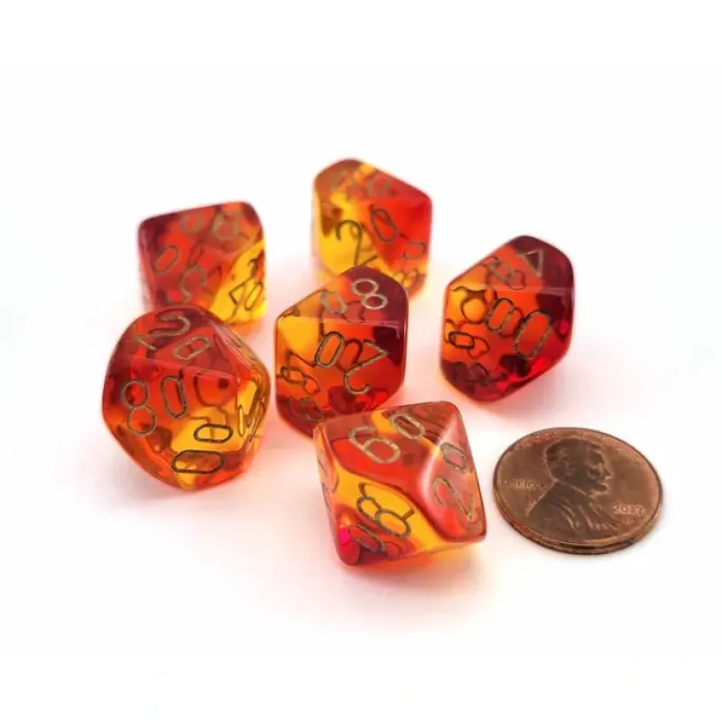 Dice>Gemini 16mm Tens D10 Dice, 6 Pieces - Translucent Red-Yellow with Gold - Your Source for Gaming Essentials
