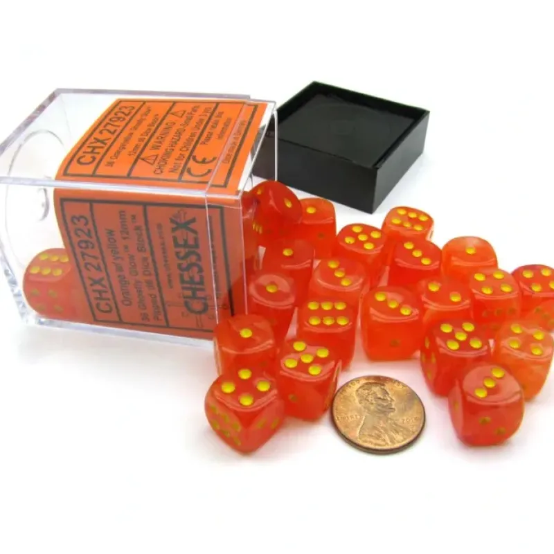 Dice>Ghostly Glow 12mm D6 Chessex Dice Block (36 Dice) -Orange with Yellow Pips - Your Source for Gaming Essentials