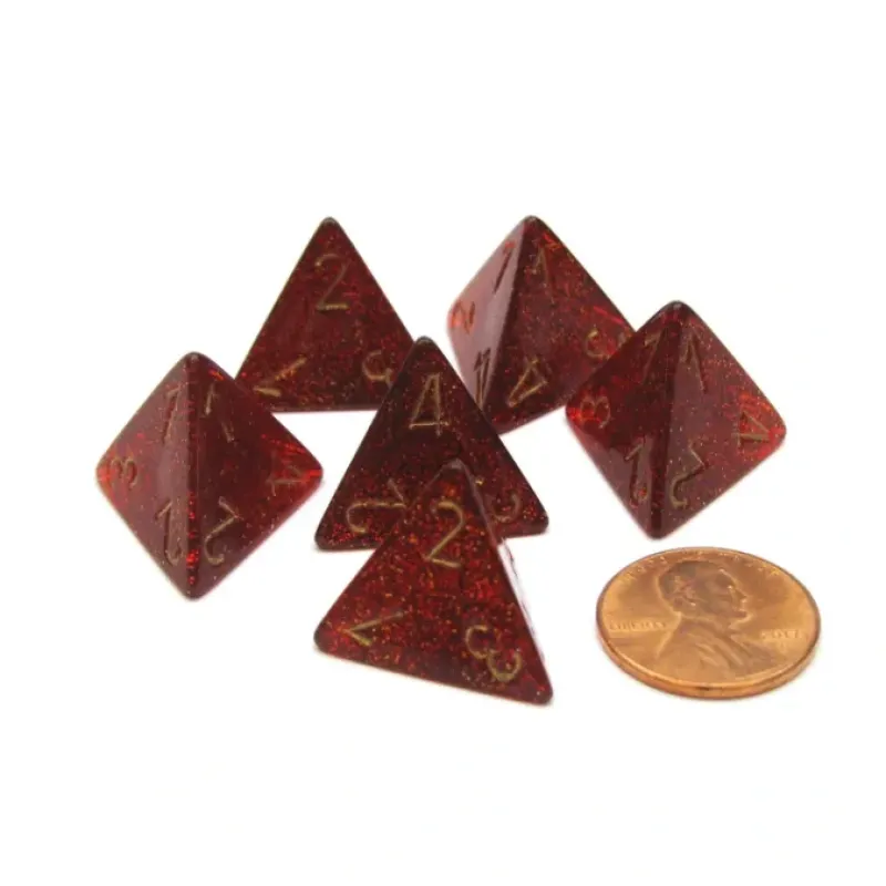 Dice>Glitter 18mm 4 Sided D4 Chessex Dice, 6 Pieces - Ruby with Gold - Your Source for Gaming Essentials