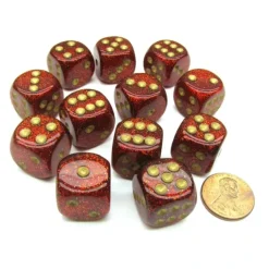 Dice>Glitter 16mm D6 Chessex Dice Block (12 Dice) - Ruby Red with Gold Numbers - Your Source for Gaming Essentials