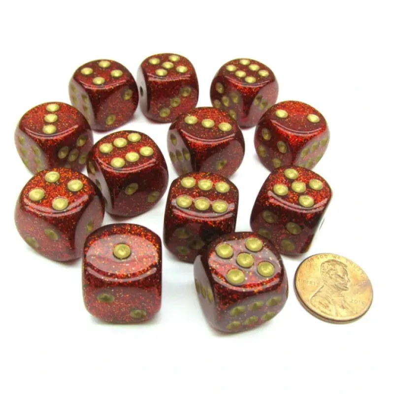 Dice>Glitter 16mm D6 Chessex Dice Block (12 Dice) - Ruby Red with Gold Numbers - Your Source for Gaming Essentials