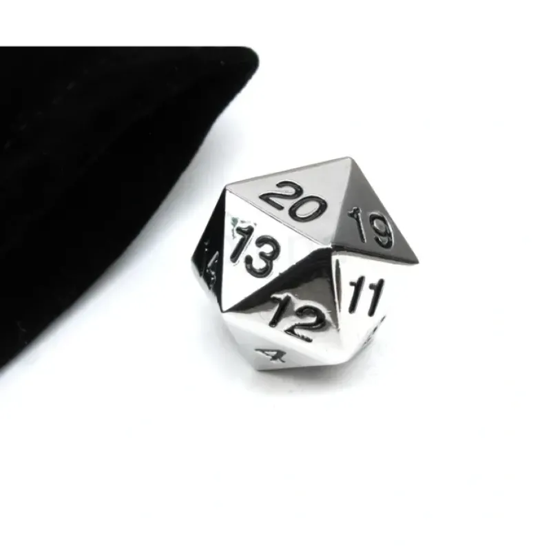Dice>Large 22mm Zinc Metal Alloy Countdown D20 Dice w Black Bag, 1 Pc - Black Numbers - Your Source for Gaming Essentials