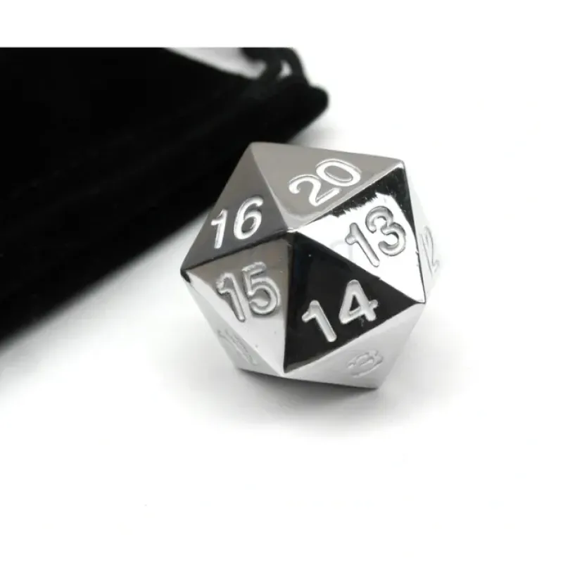 Dice>Large 22mm Zinc Metal Alloy Countdown D20 Dice w Black Bag, 1 Pc - White Numbers - Your Source for Gaming Essentials