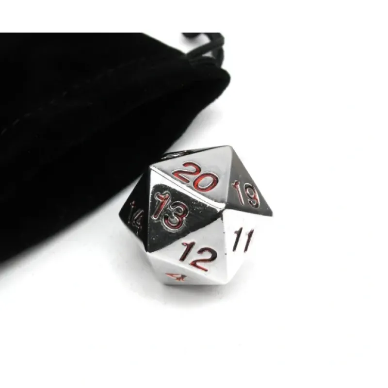 Dice>Large 22mm Zinc Metal Alloy Countdown D20 Dice with Black Pippd Bag- Red Numbers - Your Source for Gaming Essentials