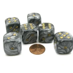 Dice>Leaf 20mm Big D6 Chessex Dice, 6 Pieces - Steel with Gold Pips - Your Source for Gaming Essentials