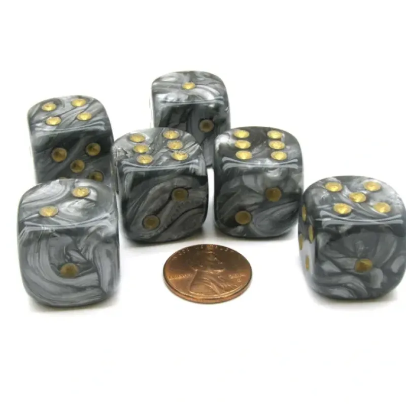 Dice>Leaf 20mm Big D6 Chessex Dice, 6 Pieces - Steel with Gold Pips - Your Source for Gaming Essentials