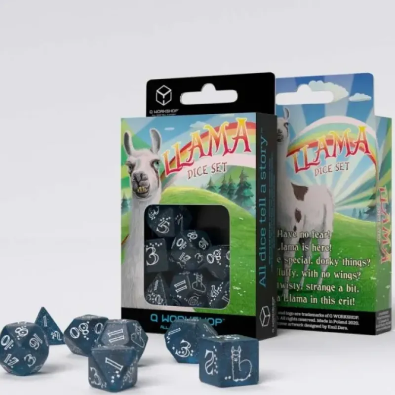Dice>Llama 7 Piece Polyhedral RPG Dice Set - Shimmering, Glittering Dark Blue with White Numbers - Your Source for Gaming Essentials