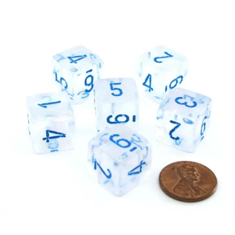 Dice>Luminary Borealis 15mm 6 Sided D6 Dice, 6 Piece - Icicle with Light Blue Numbers - Your Source for Gaming Essentials