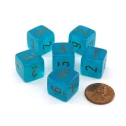 Dice>Luminary Borealis 15mm 6 Sided D6 Dice, 6 Pieces - Teal with Gold Numbers - Your Source for Gaming Essentials