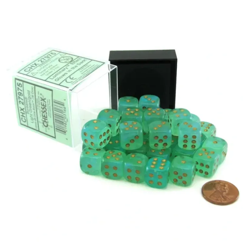 Dice>Luminary Borealis 12mm D6 Dice Block (36 Dice) - Light Green with Gold Pips - Your Source for Gaming Essentials