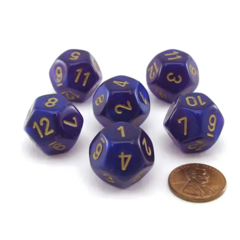 Dice>Luminary Borealis 18mm D12 Dice, 6 Pieces - Royal Purple with Gold Numbers - Your Source for Gaming Essentials