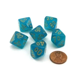 Dice>Luminary Borealis 16mm Tens D10 (00-90) Dice, 6 Pieces - Teal with Gold Numbers - Your Source for Gaming Essentials
