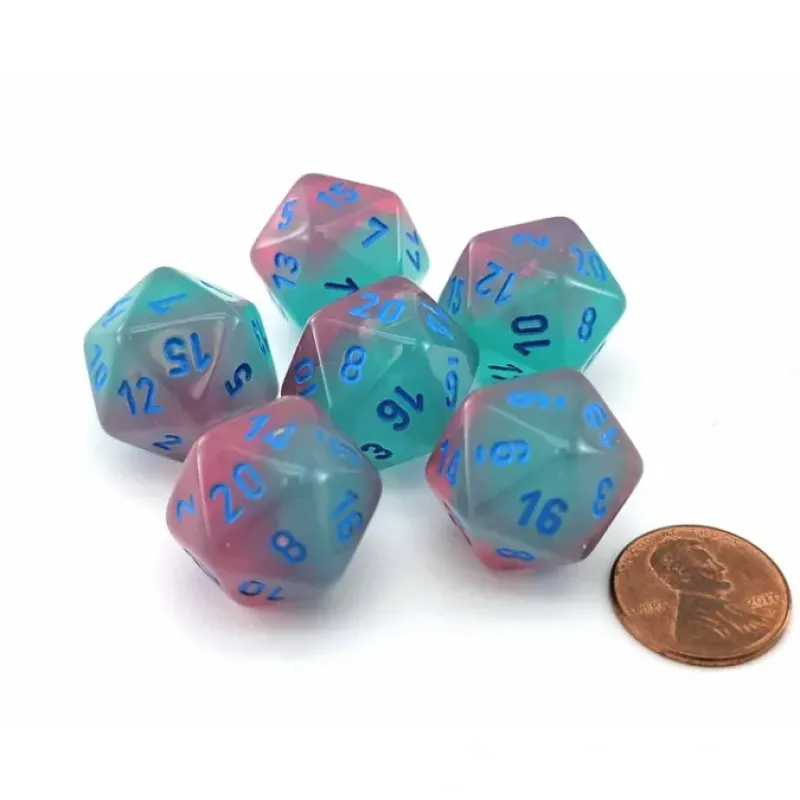 Dice>Luminary Gemini 20 Sided D20 Dice, 6 Pieces - Gel Green-Pink with Blue Numbers - Your Source for Gaming Essentials