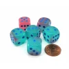 Dice>Luminary Gemini 16mm D6 Dice, 6 Pieces - Gel Green-Pink with Blue Numbers - Your Source for Gaming Essentials