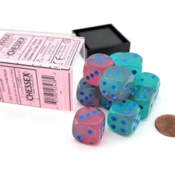 Dice>Luminary Gemini 16mm D6 Dice Block (12 Dice) - Gel Green-Pink with Blue Numbers - Your Source for Gaming Essentials