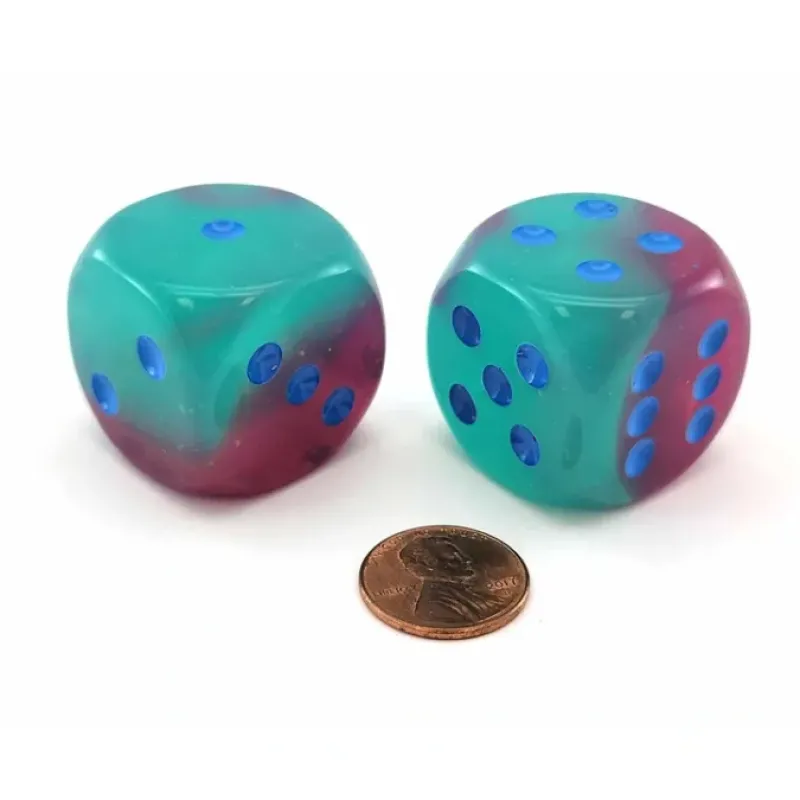 Dice>Luminary Gemini 30mm Large D6 Dice, 2 Pieces - Gel Green-Pink with Blue Pips - Your Source for Gaming Essentials