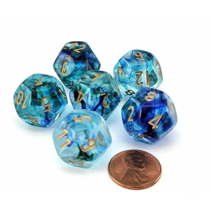 Dice>Luminary Nebula 18mm D12 Chessex Dice, 6 Pieces - Oceanic with Gold Numbers - Your Source for Gaming Essentials