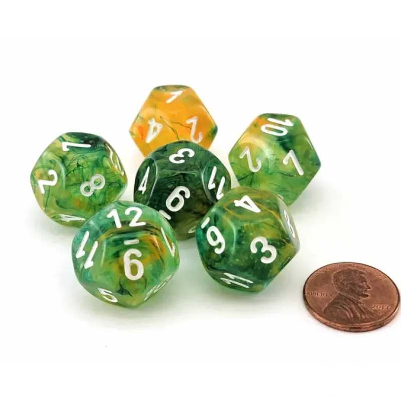 Dice>Luminary Nebula 18mm D12 Chessex Dice, 6 Pieces - Spring with White Numbers - Your Source for Gaming Essentials