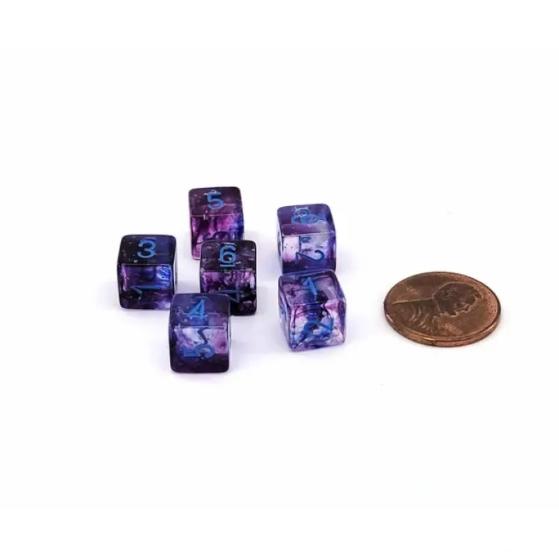 Dice>Luminary Nebula 9mm Mini 6 Sided D6 Dice, 6 Pieces - Nocturnal with Blue Numbers - Your Source for Gaming Essentials