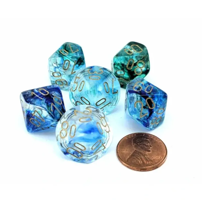 Dice>Luminary Nebula 16mm Tens D10 (00-90) Dice, 6 Pieces - Oceanic with Gold - Your Source for Gaming Essentials