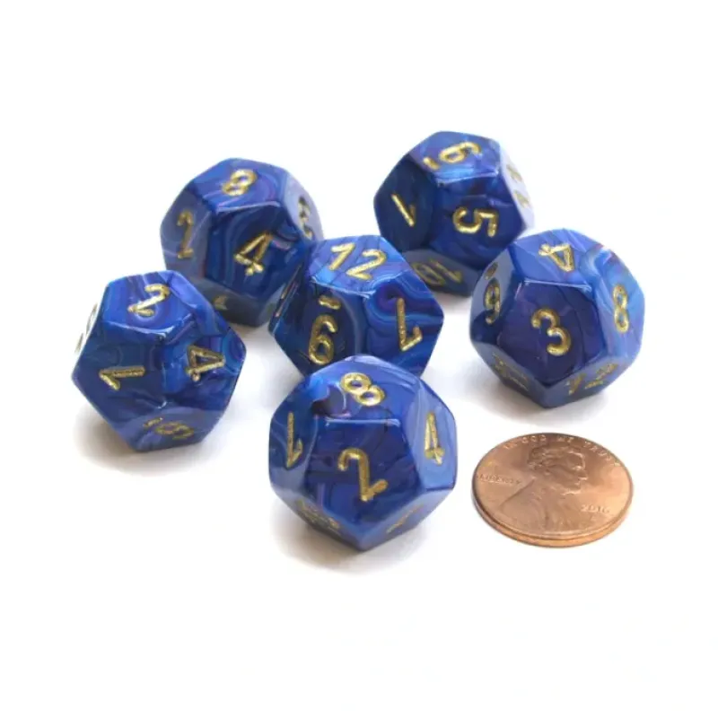 Dice>Lustrous 18mm 12 Sided D12 Chessex Dice, 6 Pieces - Purple with Gold - Your Source for Gaming Essentials