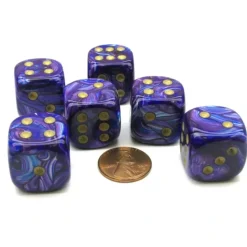 Dice>Lustrous 20mm Big D6 Chessex Dice, 6 Pieces - Purple with Gold Pips - Your Source for Gaming Essentials