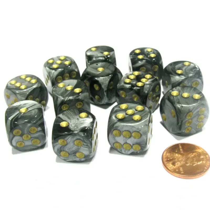 Dice>Lustrous 16mm D6 Chessex Dice Block (12 Dice) - Black with Gold Pips - Your Source for Gaming Essentials