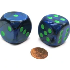 Dice>Lustrous 30mm Large D6 Chessex Dice, 2 Pieces - Dark Blue with Green Pips - Your Source for Gaming Essentials