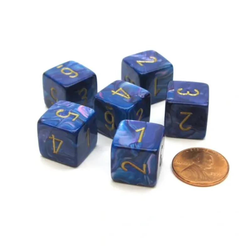 Dice>Lustrous 15mm 6-Sided D6 Numbered Chessex Dice, 6 Pieces - Purple with Gold - Your Source for Gaming Essentials