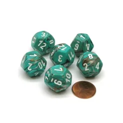 Dice>Marble 18mm 12 Sided D12 Chessex Dice, 6 Pieces - Oxi-Copper with White Numbers - Your Source for Gaming Essentials