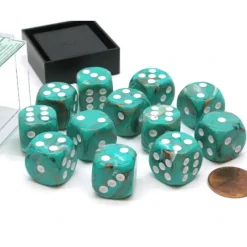 Dice>Marble 16mm D6 Chessex Dice Block (12 Die) - Oxi-Copper with White Pips - Your Source for Gaming Essentials