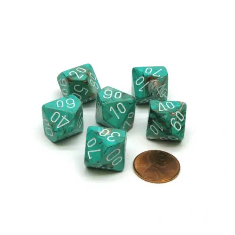 Dice>Marble 16mm Tens D10 (00-90) Chessex Dice, 6 Pieces - Oxi-Copper with White - Your Source for Gaming Essentials