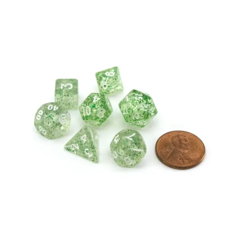 Dice>Mini 7-Die Polyhedral Dice Set - Ethereal Green with White Numbers - Your Source for Gaming Essentials