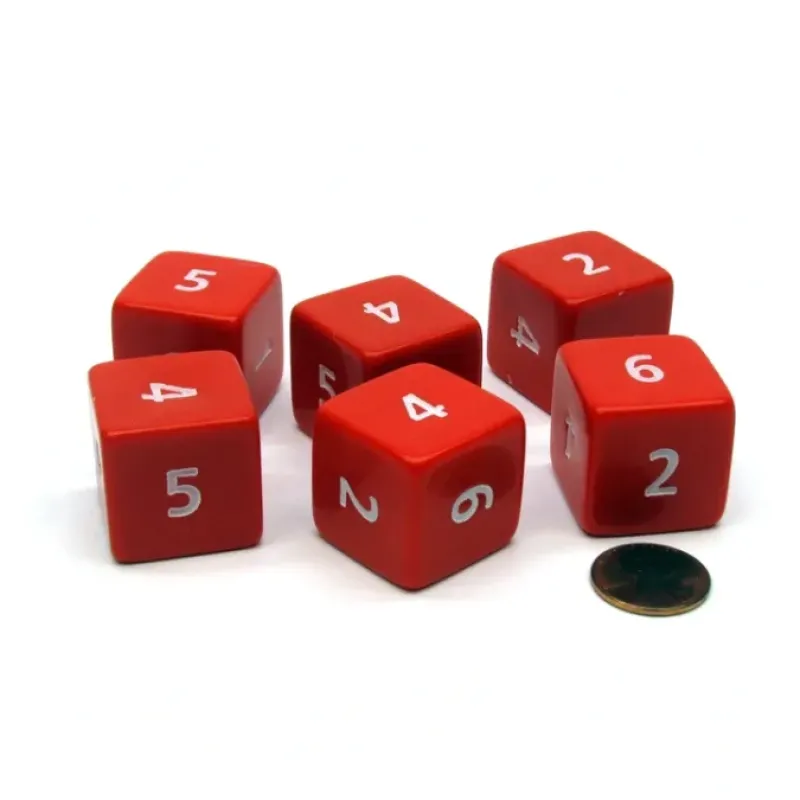 Dice>Opaque 25mm 6 Sided D6 Large Jumbo Numbered Dice, 6 Pieces - Red with White - Your Source for Gaming Essentials
