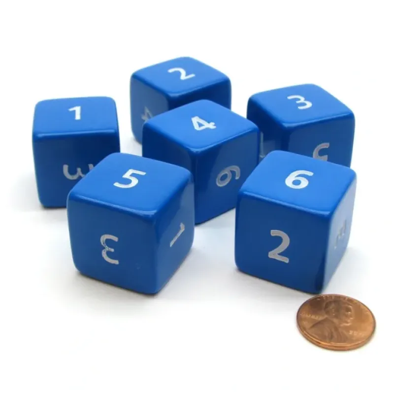 Dice>Opaque 25mm 6 Sided D6 Large Jumbo Numbered Dice, 6 Pieces - Blue with White - Your Source for Gaming Essentials