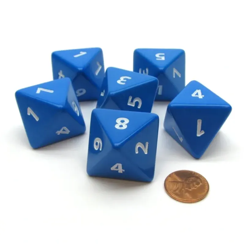 Dice>Opaque 25mm 8 Sided D8 Large Jumbo Numbered Dice, 6 Pieces - Blue with White - Your Source for Gaming Essentials
